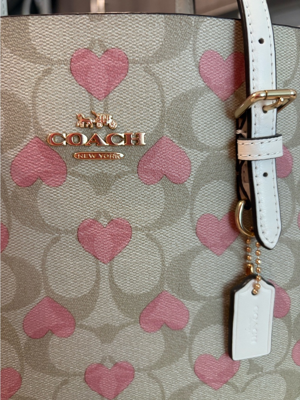 Coach Mollie Tote 25 in Signature Canvas with Pink Heart Print and White Straps - Picture 2 of 5